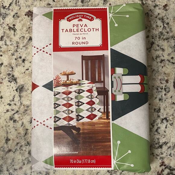HOLIDAY TIME • Argyle Nutcracker Peva Tablecloth | 70 in Round - Picture 2 of 2